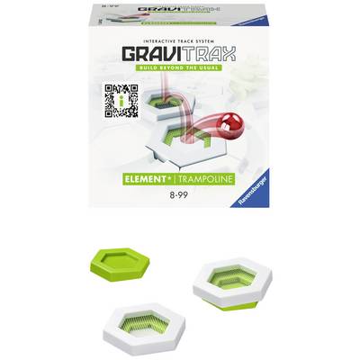 Packaging of the GraviTrax Trampoline Element by Ravensburger with an image of the trampoline component. Suitable for individuals aged 8 to 99 years.
