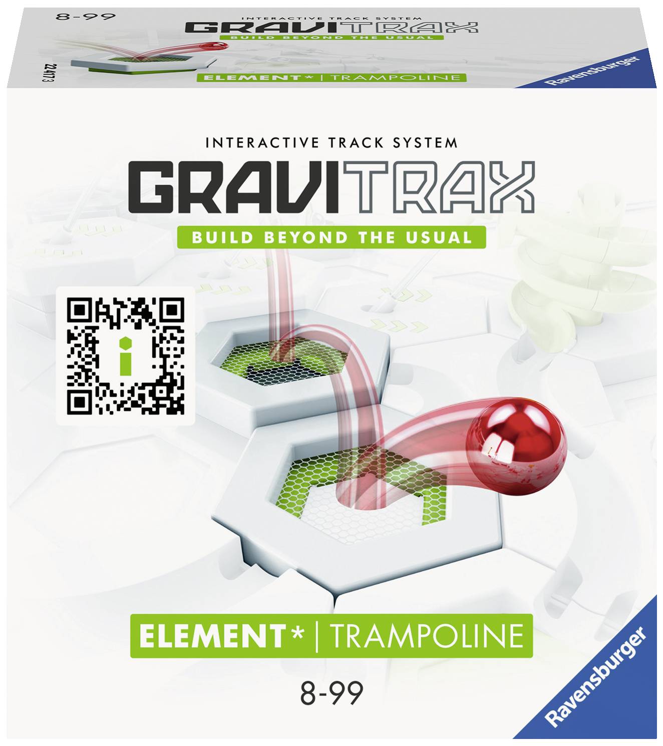 'GraviTrax Element Trampoline' Packaging. Interactive Track System from 8 Years. Ravensburger logo in bottom right. Contains QR code.