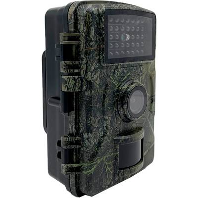 Digital wildlife camera with camouflage pattern, captures images and videos of wildlife, weatherproof and equipped with motion sensor.