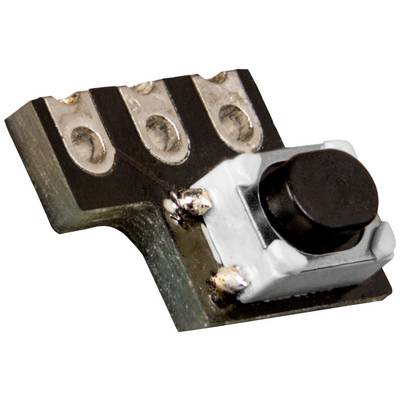 A black push button on a small circuit board with three metallic contact points, suitable for electronic devices.