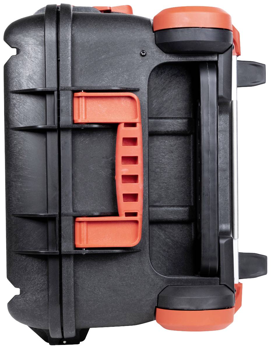 A black, robust tool case with red handles and wheels, lying on its side.