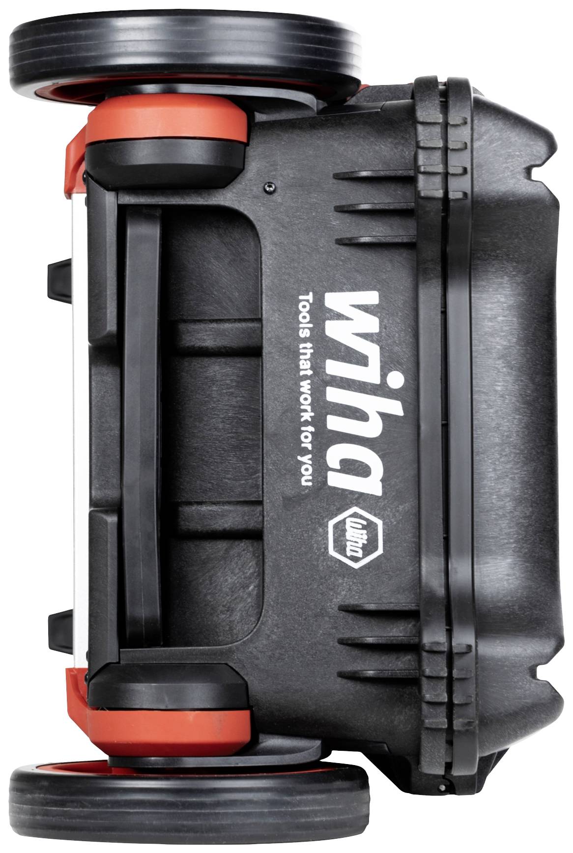 A black tool case with a red accent and the inscription 'wiha Tools that work for you'. The case has wheels for mobility.
