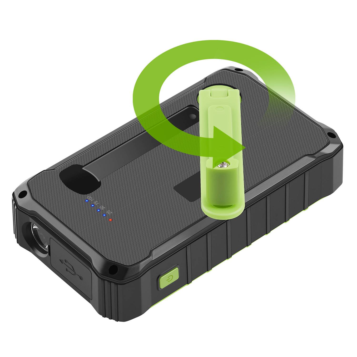 A portable, black device with a green ring indicating a rotating mount. Four LED indicators are visible.