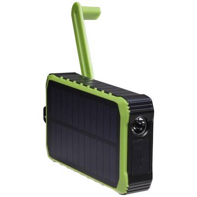 Portable solar-powered charger with a green casing and crank handle, suitable for outdoor activities and emergency situations.