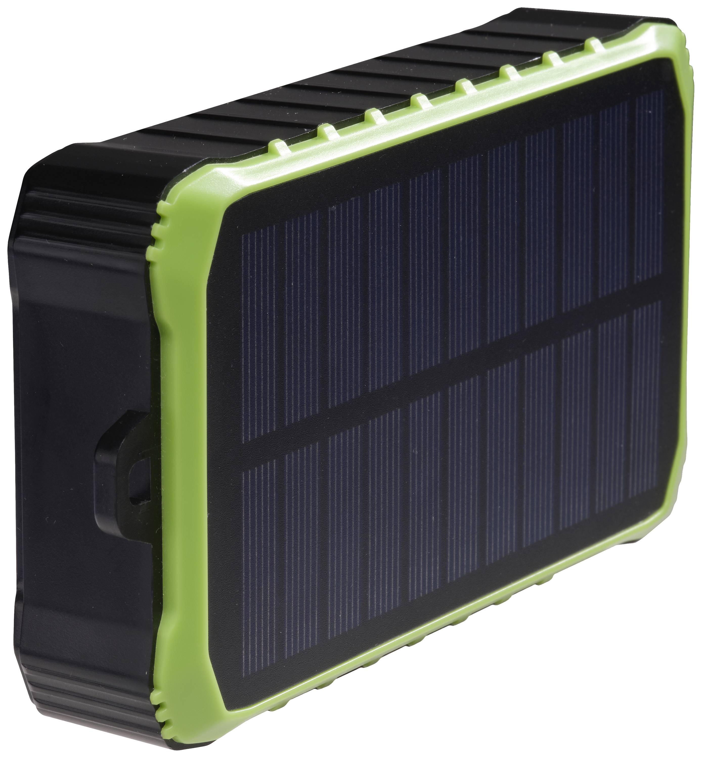 Solar-powered power bank with a green casing, showing solar panel on the front.