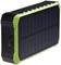 Solar-powered power bank with a green casing, showing solar panel on the front.