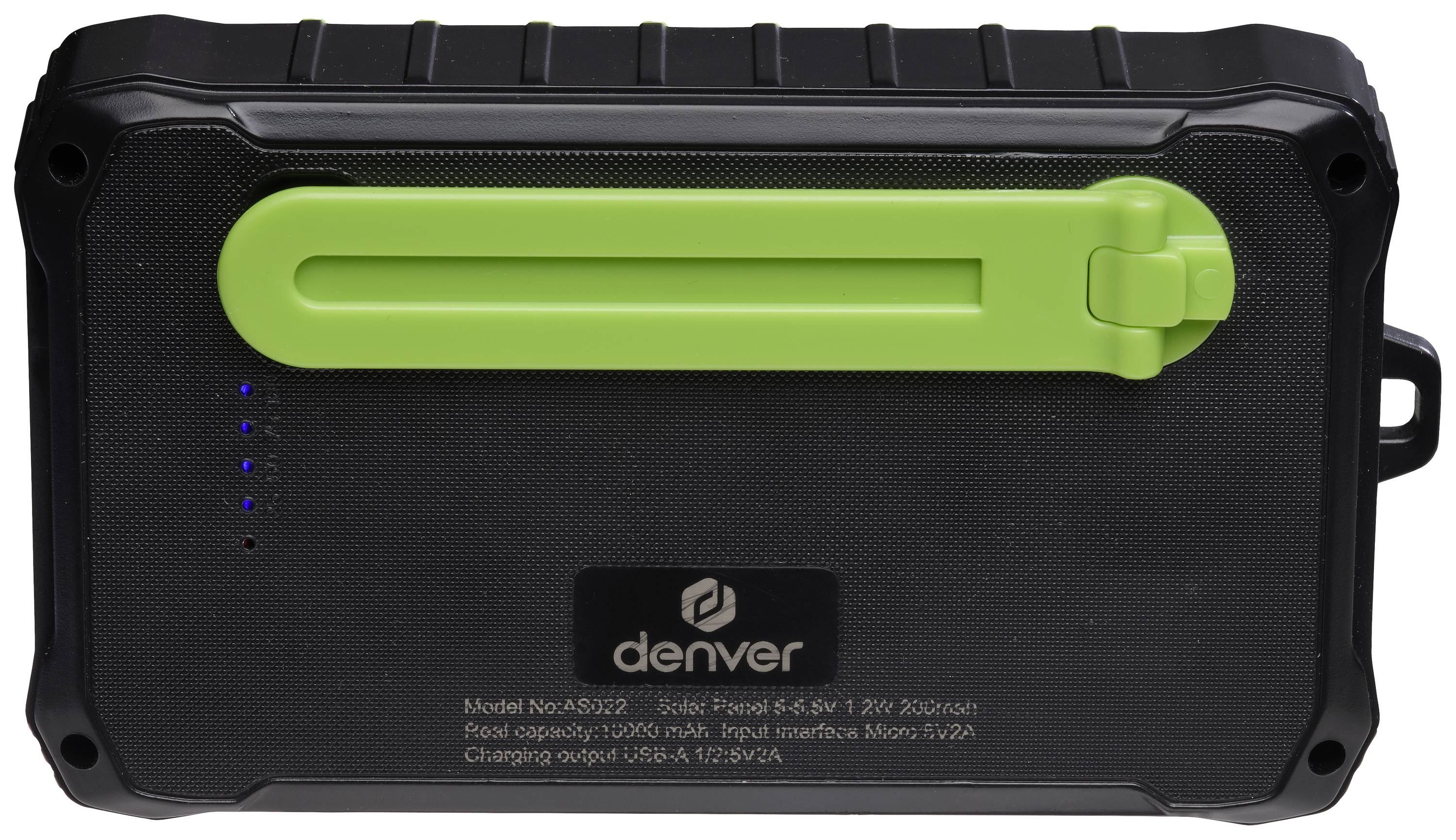 Portable black speaker by 'Denver' with a green handle, multiple buttons, and a charging port, suitable for outdoor use.