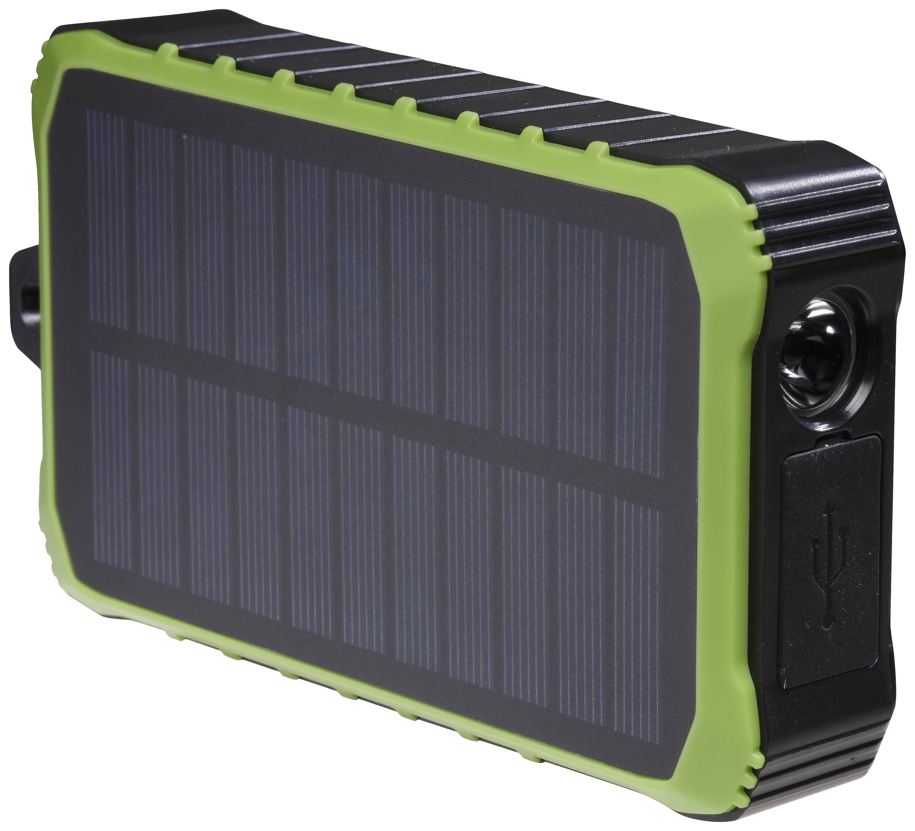 Portable solar charger with green border and USB port, ideal for environmentally friendly mobile charging using solar energy.