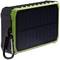Portable, rectangular solar charger with a green frame and integrated carabiner hook for easy attachment.