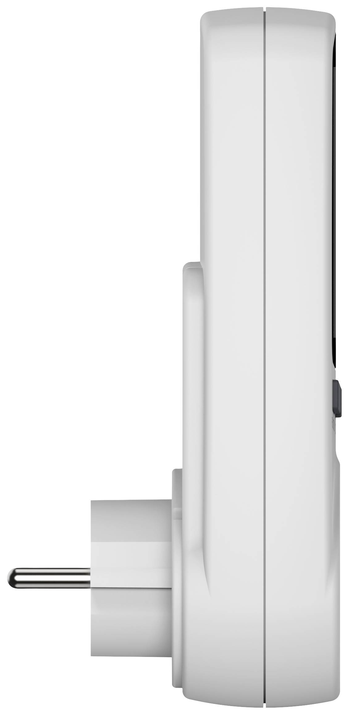 Side view of a white electrical device with a plug, suitable for wall mounting.