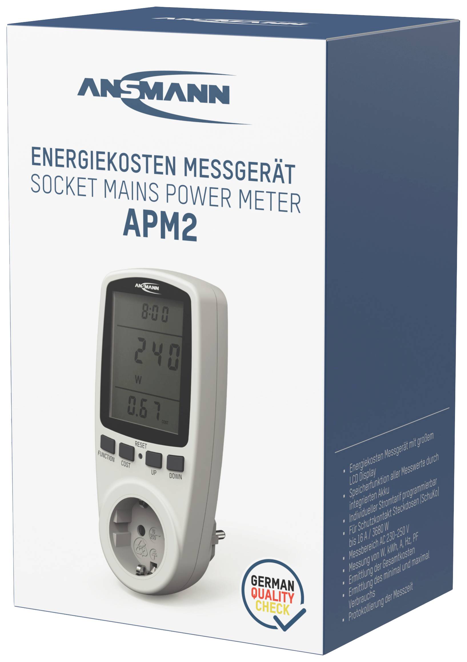 Energy consumption meter in packaging with display, power socket and German quality certificate. Shows voltage and amperage.