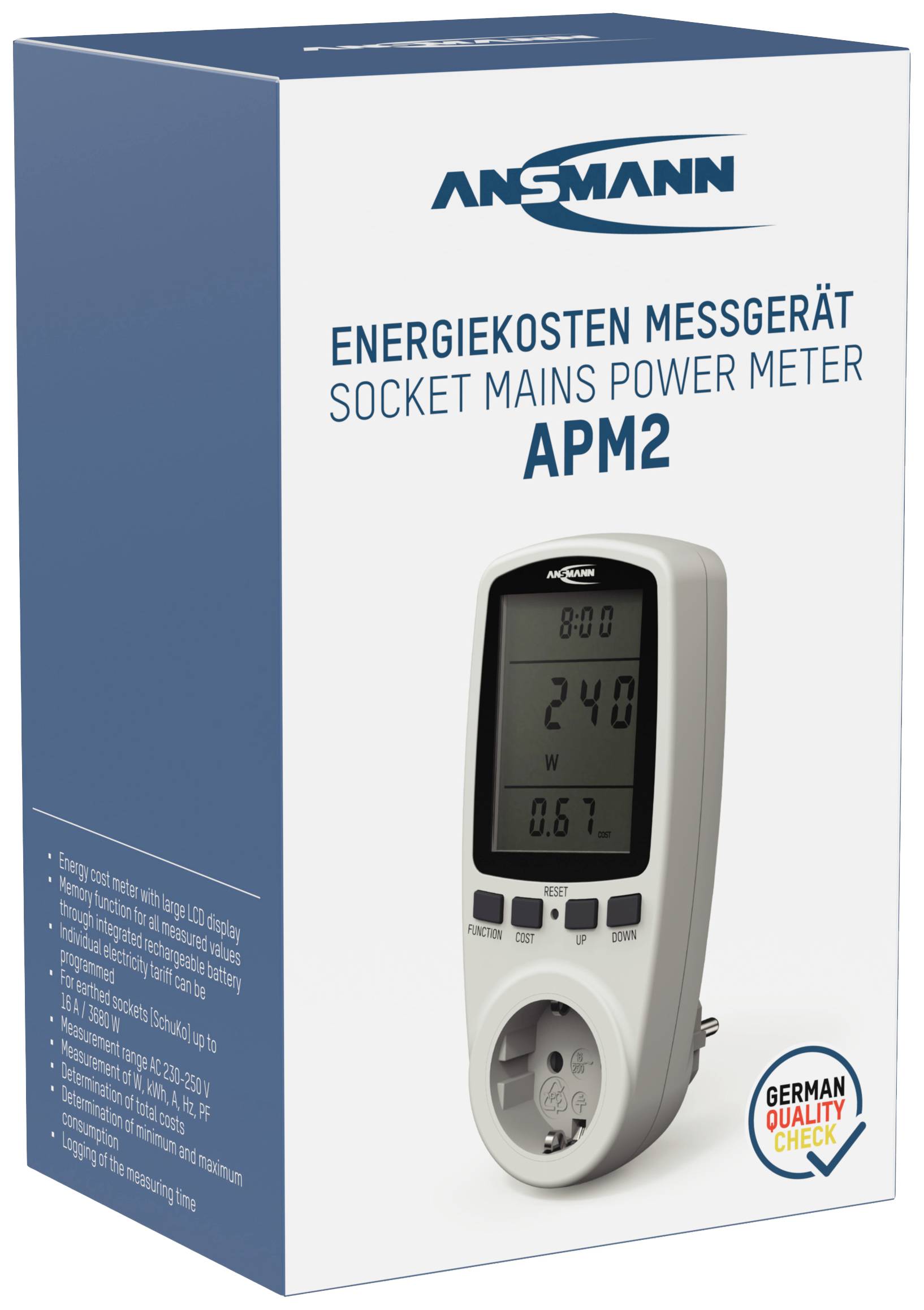 Packaging of an energy consumption measuring device with the inscription 'Energy Cost Meter APM2'. Shows device with power socket and display.