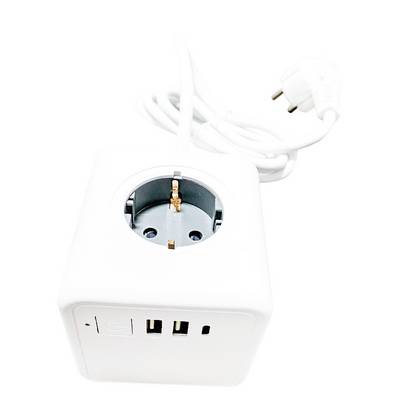 White, cube-shaped extension socket with one round socket, two USB ports and a cable with a European plug.