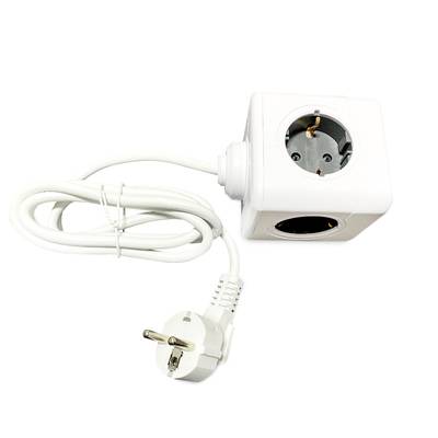 A white plug cube with an integrated switch, three socket outlets, and a long cable with a plug. The cube is pivotable.
