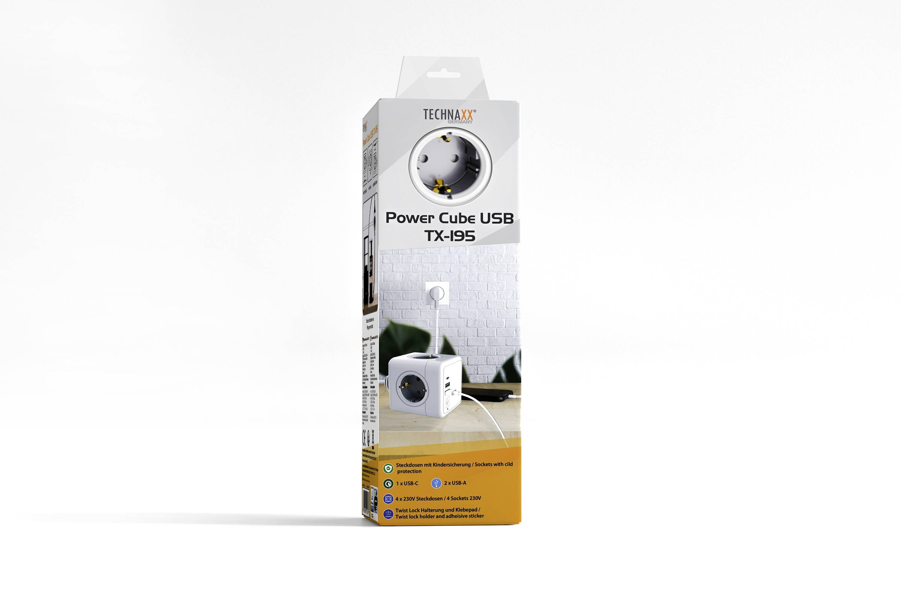 Packaging for a multi-socket power strip 'Power Cube USB TX-195'. Shows the socket block with USB ports, suitable for desktop use. Brand name 'TECHMA'.