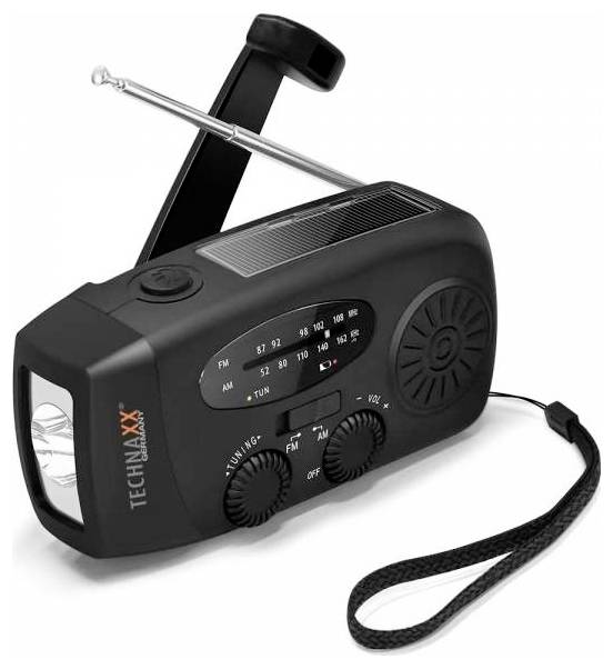 Technaxx TX-238 Emergency radio AM, FM Emergency radio Crank, Solar panel, Torch, rechargeable Black-0