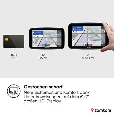 'Navigation devices with 6" and 7" HD displays show map views. On the left side, a bank card for size comparison.'