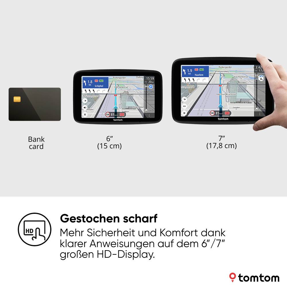 Bank card next to two satellite navigation devices. The left device has a 6-inch (15 cm) display, the right one a 7-inch (17.8 cm) display. Hands are interacting with the right device.