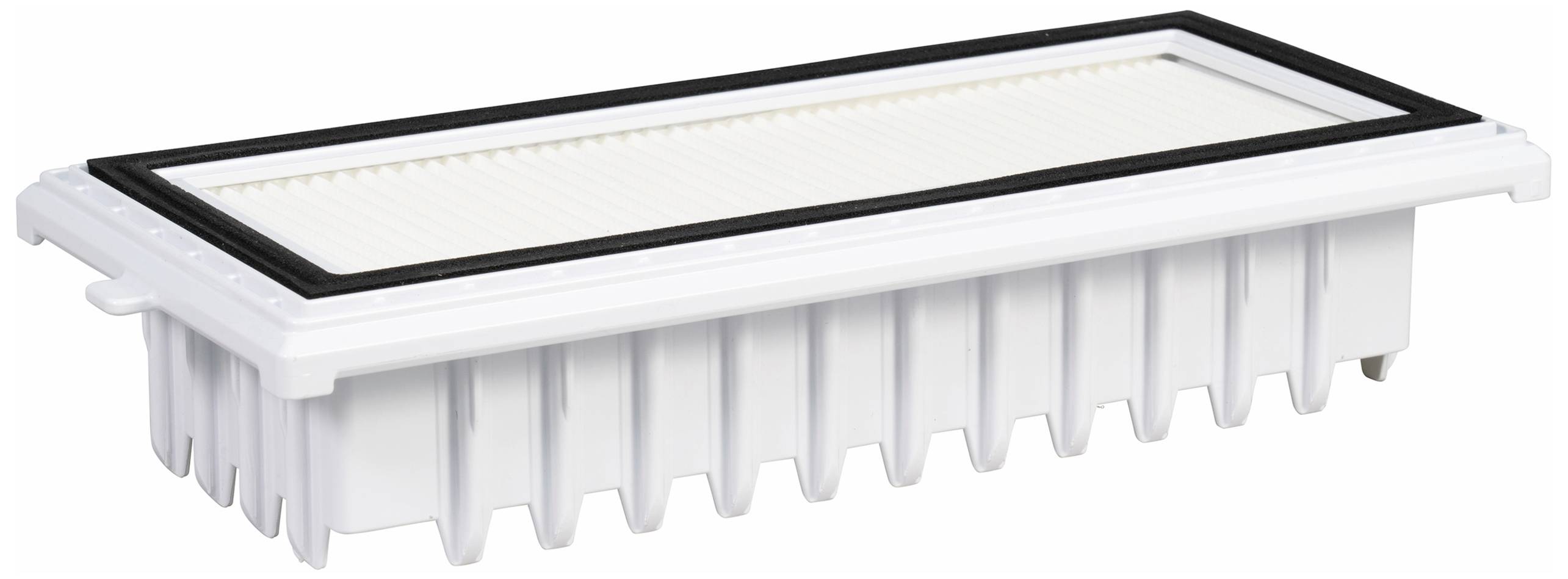 A rectangular, white air filter with black edges, suitable for vacuum cleaners or air purifiers, against a white background.