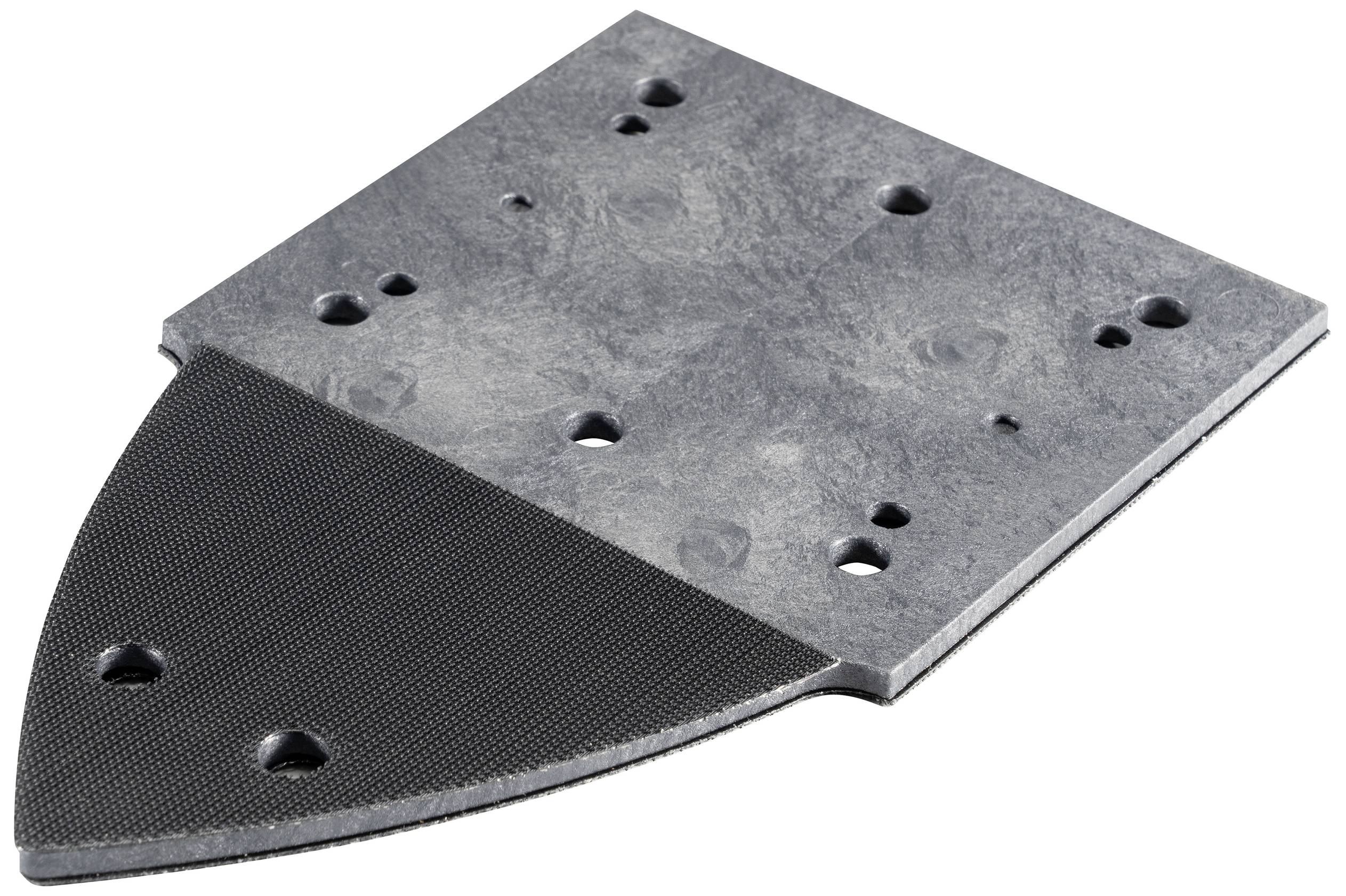 A black, flat metal plate with multiple holes, used for fastening purposes or machine assembly.