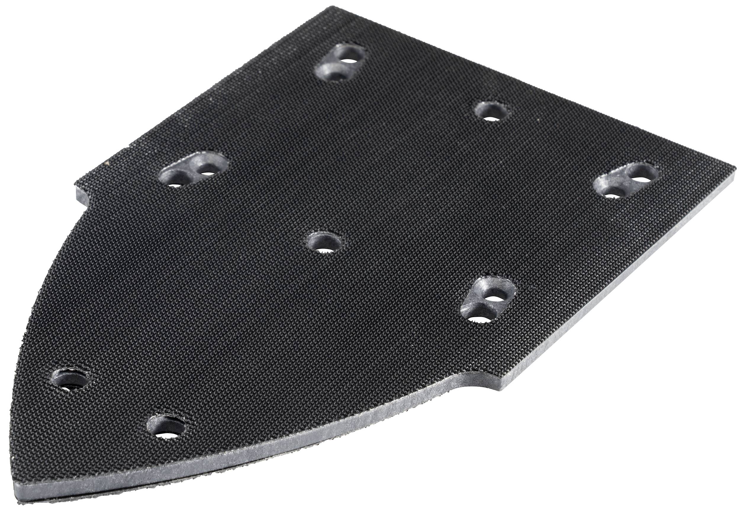 Black, wedge-shaped metal plate with seven screw holes, used for fastening in mechanical applications.