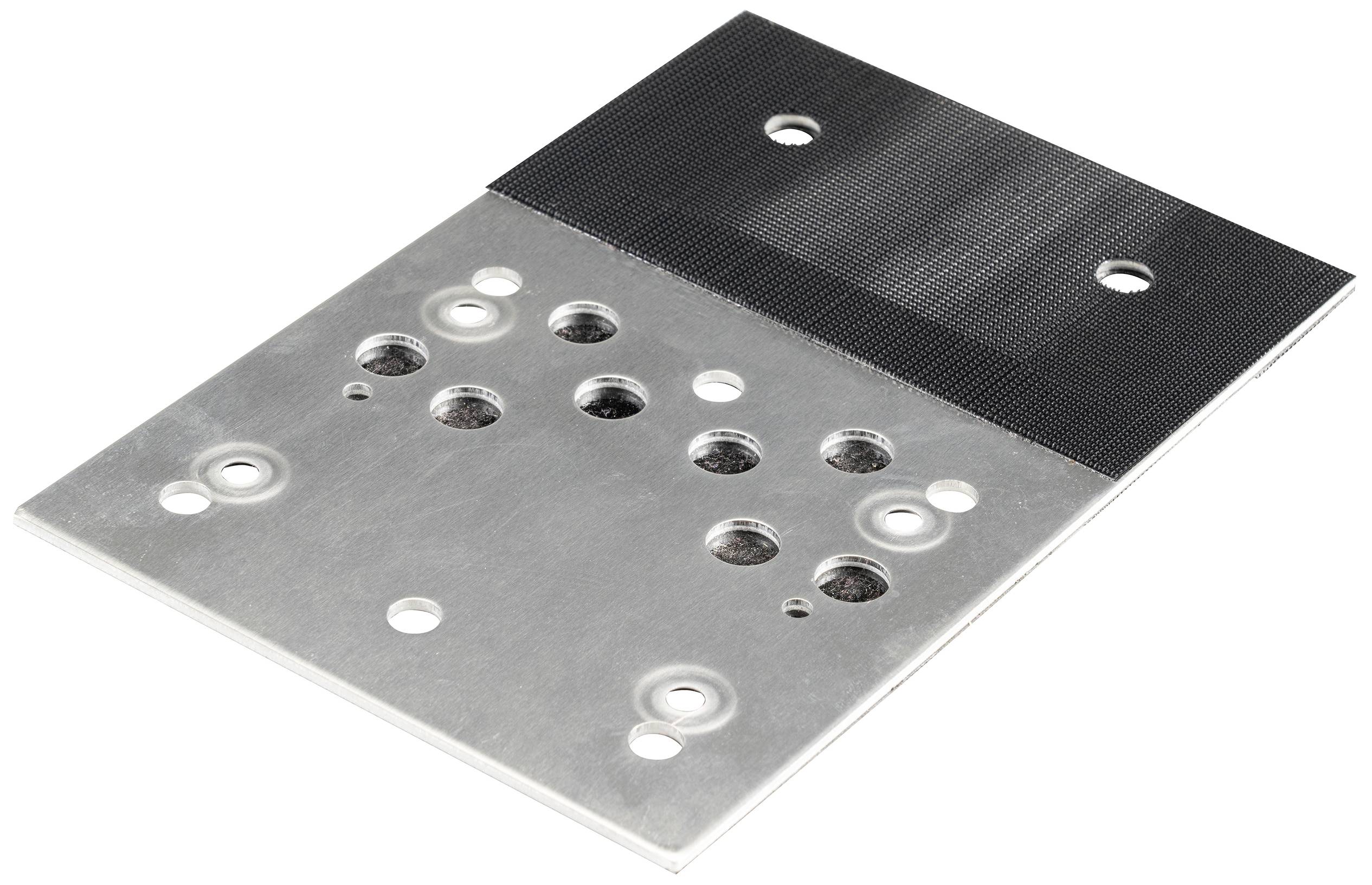 Metal plate with multiple holes and a black, textured surface at one end. Used for mechanical fastenings.