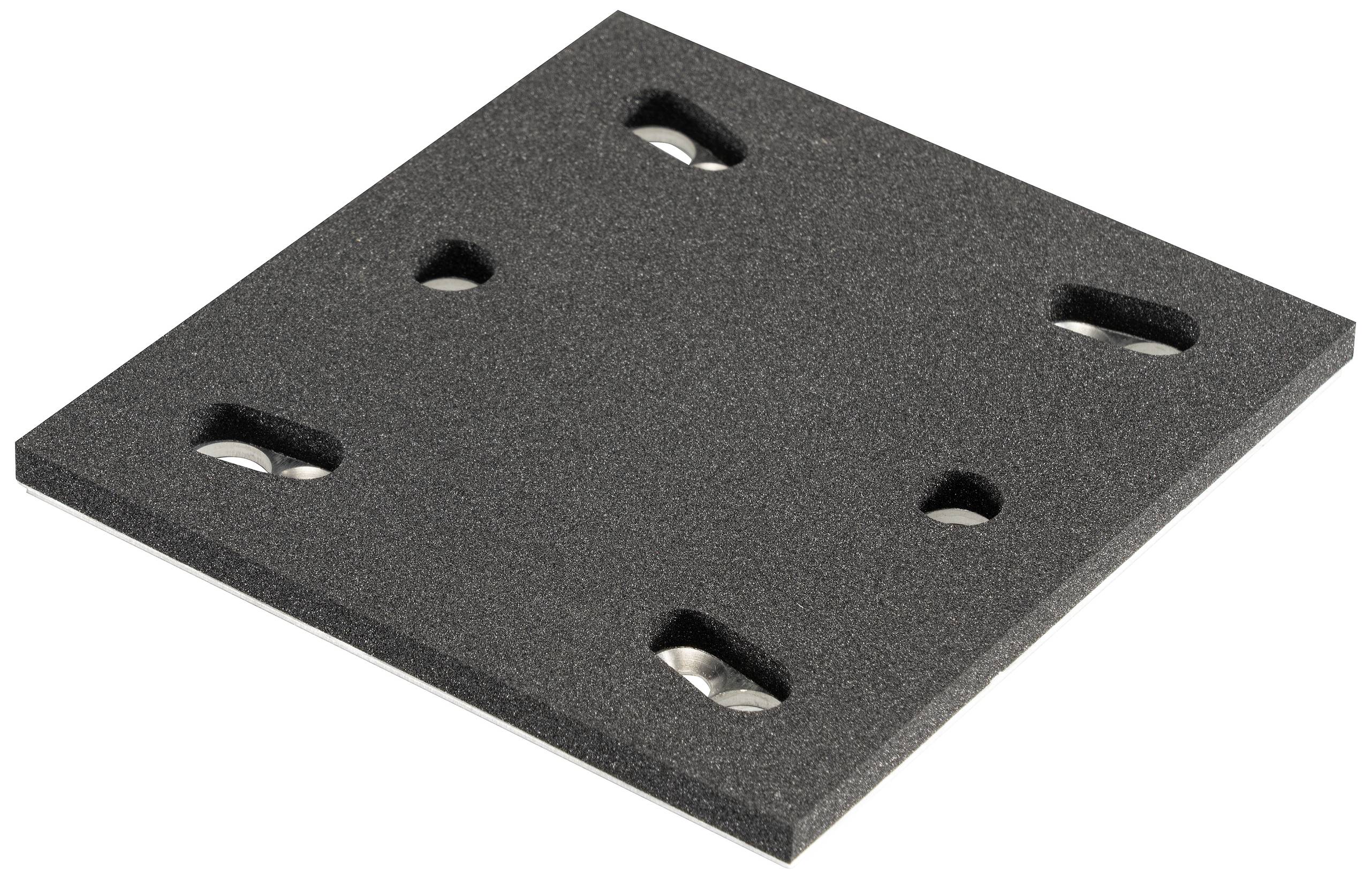 Black, square base plate with four elongated holes and chamfered edges, used to support constructions.