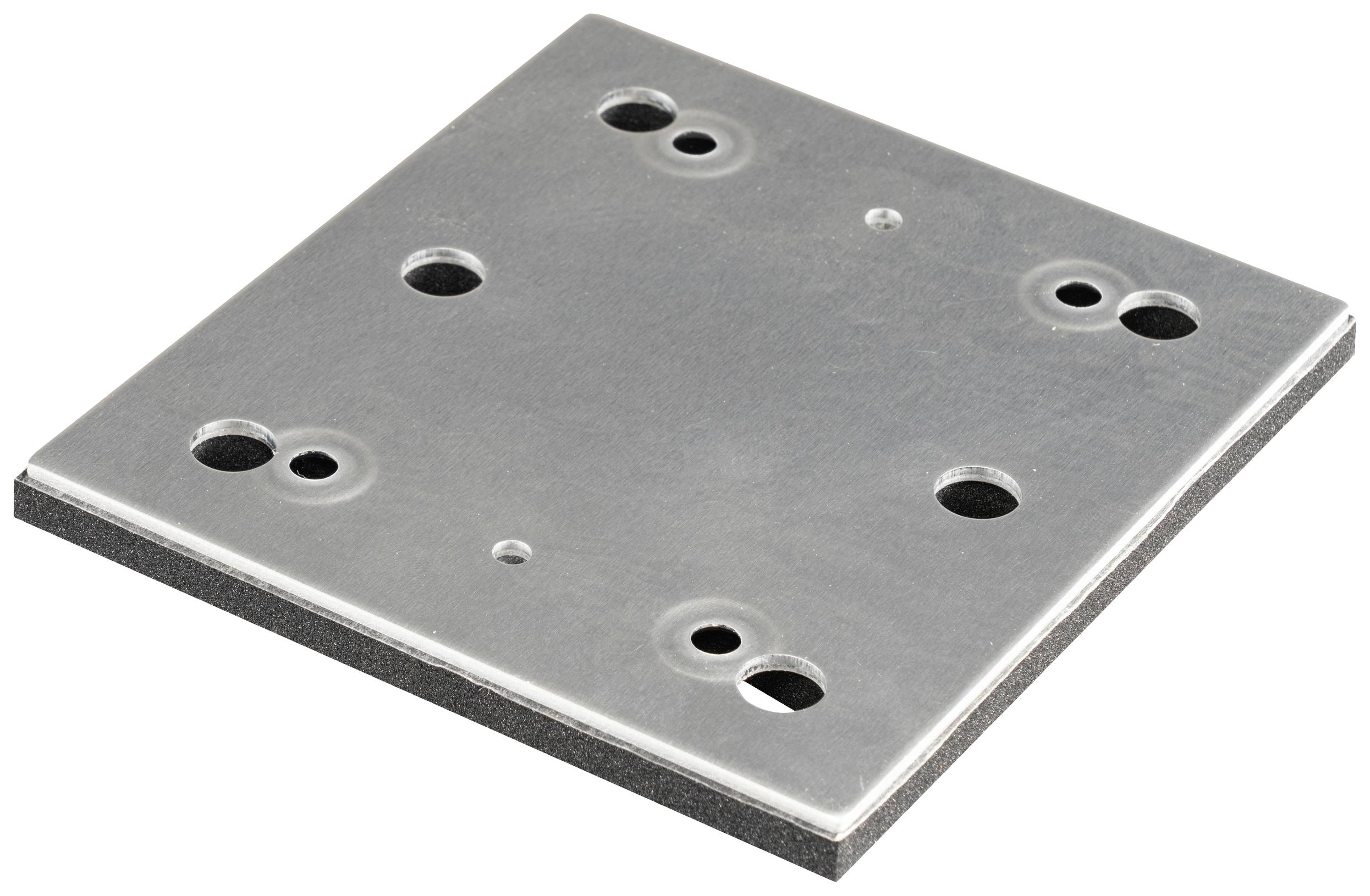 Metal plate with several symmetrically arranged holes. Clearly intended for mechanical fastenings or mounting purposes.