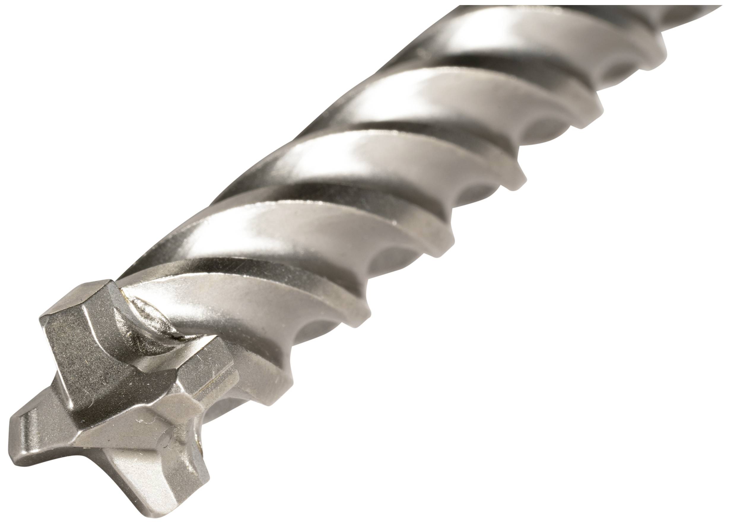 A silver-coloured drill bit with spiral grooves and a four-pronged head, suitable for drilling into concrete or masonry.