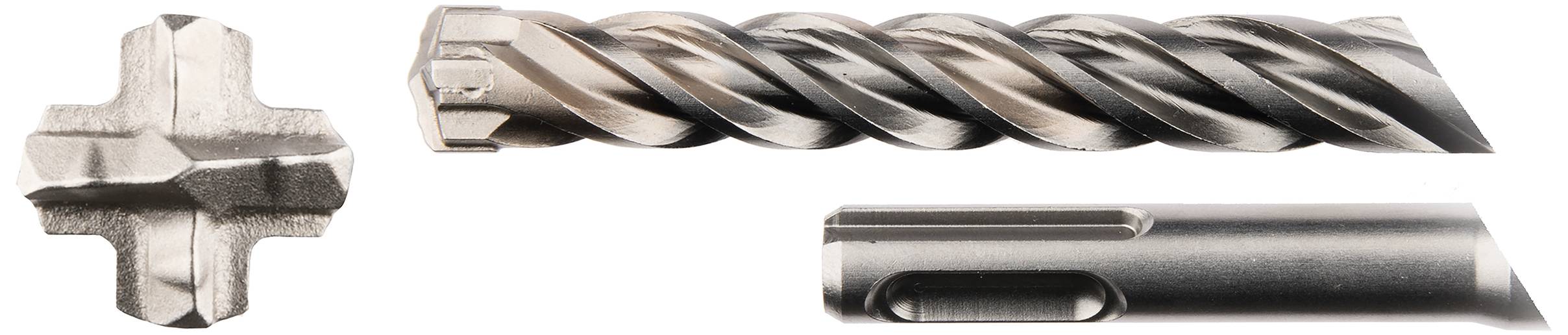 'Close-up of two different drills: a spiral drill and a drill head with a cross-shaped cutting tool.'