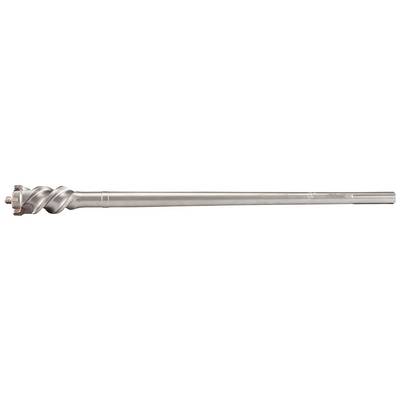 A silver metal drill bit with a spiral structure, used for drilling into solid materials.