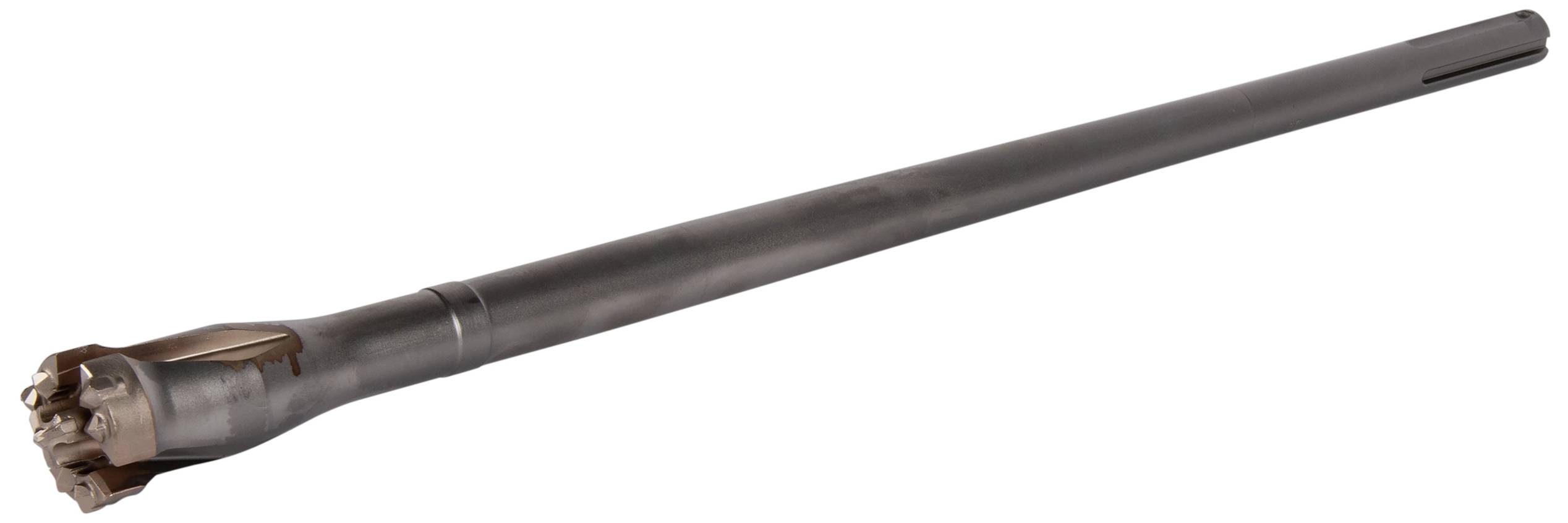 Drill bit with a long shank, suitable for deep drilling in hard materials. Dark metallic finish, with multiple cutting surfaces.