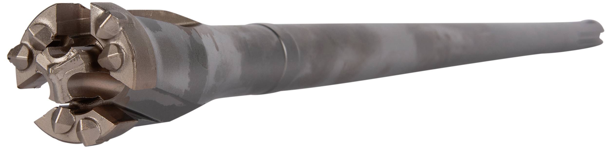 Metal drill hammer attachment with multiple cutting edges, used for deep drilling in hard ground.