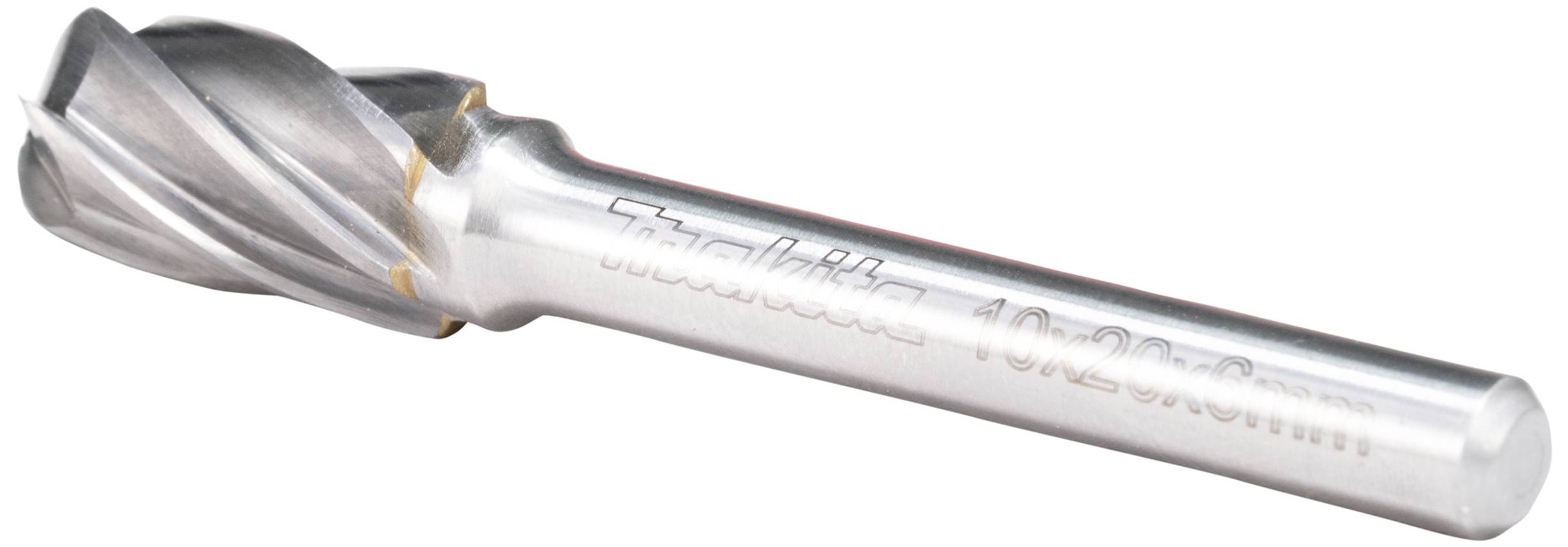 A silver milling cutter with sharp cutting edges, suitable for metalworking. The handle is smooth and glossy.