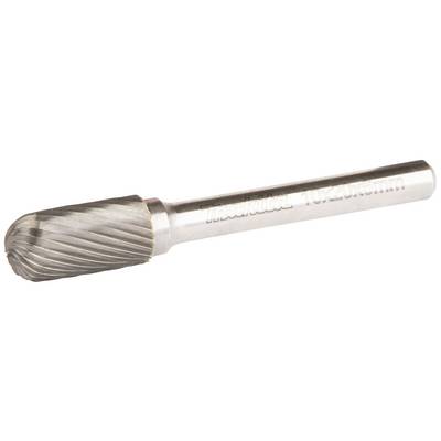 A milling bit with a cylindrical shaft and conical head made of metal, used for precise grinding and shaping of materials.