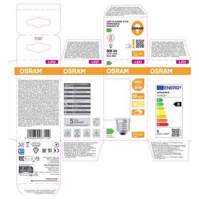OSRAM LED Classic A60 bulb packaging dieline with product photo, 806 lm, 4.3 W, dimmable, E27 base, and energy label showing class B.