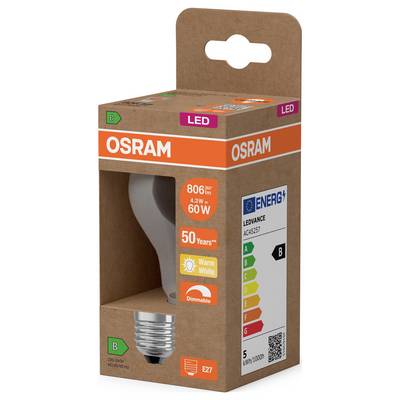 OSRAM LED light bulb retail box showing 806 lm, 8.5W, warm white, dimmable, E27, energy label B, and 50-year lifespan claims.