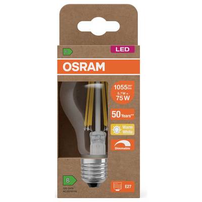 OSRAM LED light bulb package, warm white, dimmable, E27 base, 5.7W equivalent to 75W, 1055 lumens, 50,000 hours, energy class B.