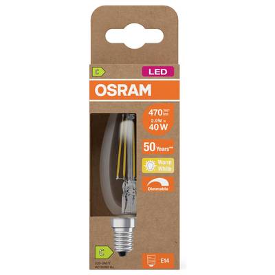 OSRAM LED light bulb package, 4W, warm white, dimmable, E14 base, energy class C, with 470 lm and image of bulb.