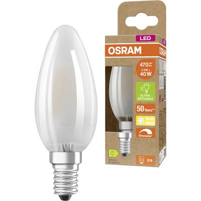 OSRAM LED candle bulb and retail box, labeled 470 lumens, 2.7W, 40W equivalent, warm white, dimmable, E14 base, energy class C.<br>