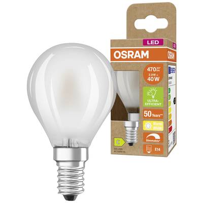 OSRAM LED light bulb, 470 lumens, 2.9W equivalent to 40W, warm white, dimmable, E14 base, ultra-efficient, 50-year lifespan.