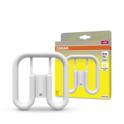 A white OSRAM LED lamp in a U-shape, pictured in front of its yellow packaging. Packaging text: '16W, 720 lm, 3000K, 25000h'.