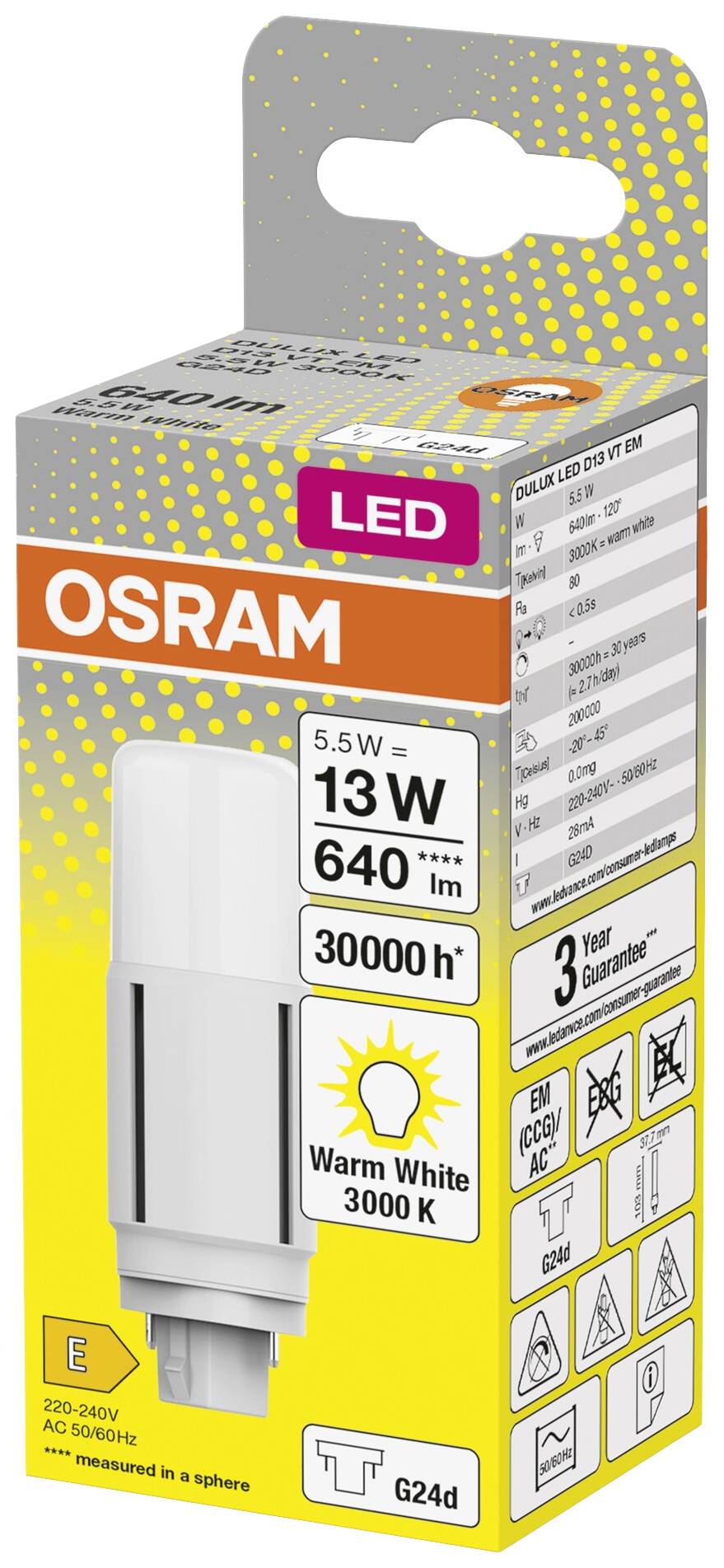 The packaging of an OSRAM LED light bulb. It shows a 5.5 W lamp that replaces a 13 W bulb, with 640 lumens and a lifespan of 30,000 hours. Colour temperature: Warm white 3000 K.