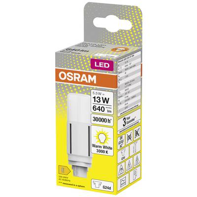 The packaging of an OSRAM LED light bulb. It shows a 5.5 W lamp that replaces a 13 W bulb, with 640 lumens and a lifespan of 30,000 hours. Colour temperature: Warm white 3000 K.