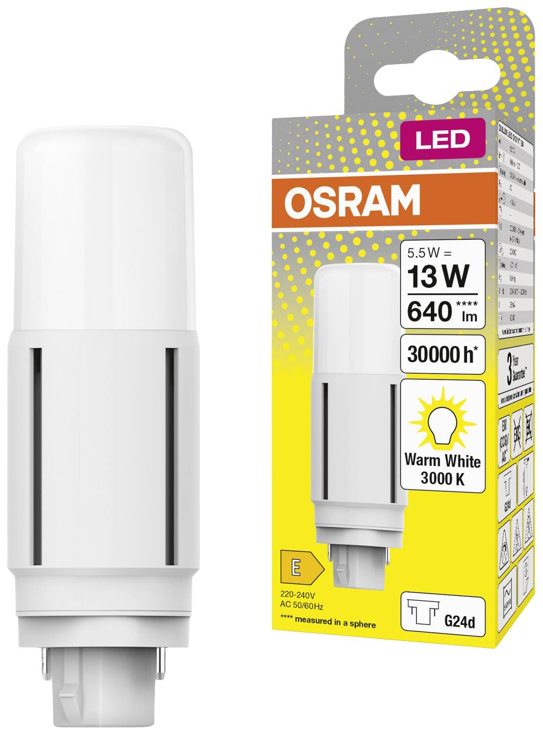 An Osram LED lamp next to its packaging. The packaging shows the key features: 5.5W, 13W, 640 lumens, warm white light at 3000 K, 30,000 hours lifespan, G24d base.