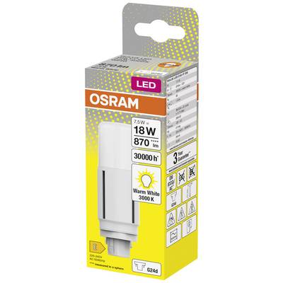 OSRAM LED Lamp, 7.5W-18W, 870 lumens, 3000K warm white, 30,000 hours lifespan. Packaging shows energy efficiency class E.