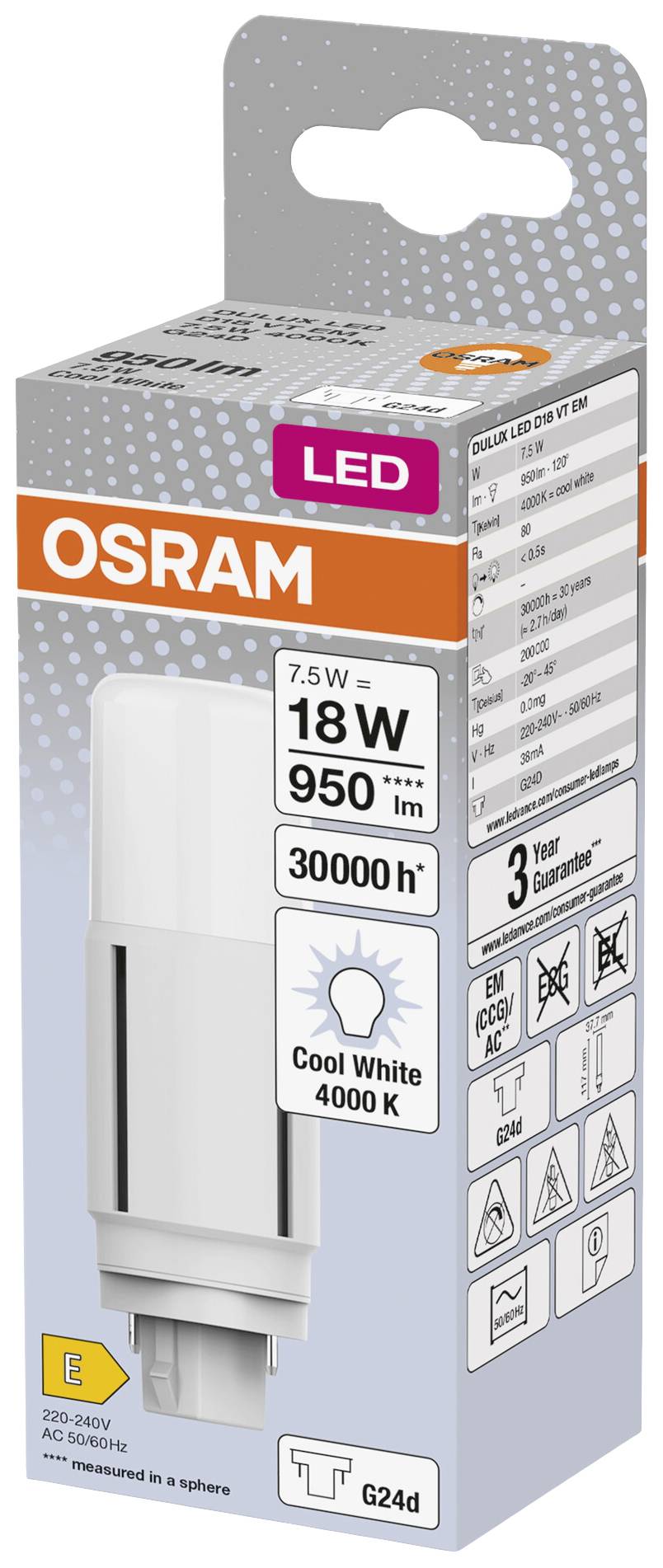 Osram LED Lamp, 18W, 950 Lumens, 4000 Kelvin, G24d Base. Energy Efficiency Class E, Lifetime 30,000 Hours. Packaging displays product image.