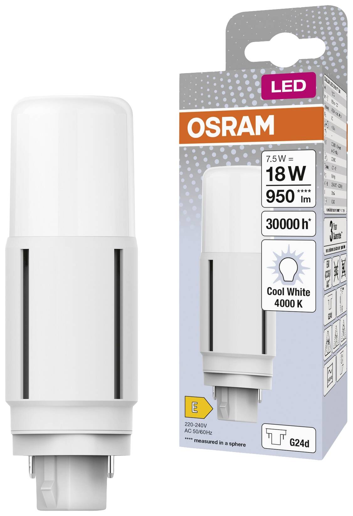 The OSRAM LED lamp, 18W, 950 lumens, 4000 K, with G24d base, offers 30,000 hours of life. Packaging displays product image and specifications.