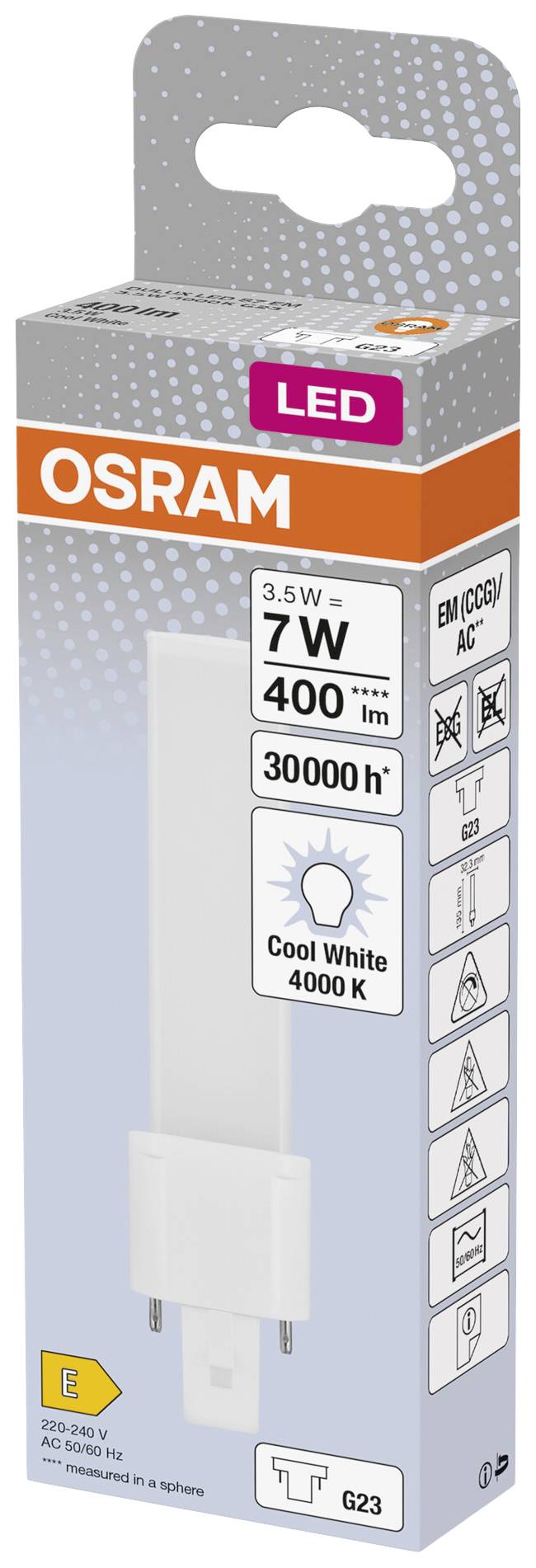 Osram LED lamp, G23 socket, 3.5 W equivalent to 7 W, 400 lumens, 4000 K, in original packaging. Lifespan: 30,000 hours.