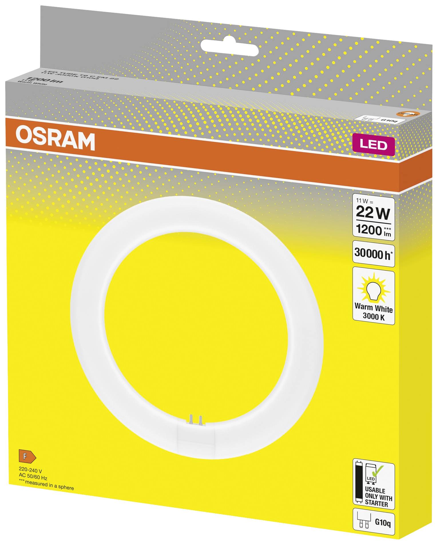 'Osram LED lamp, 22W, 1200 lumens, warm white (3000K), 30,000-hour lifespan, circular design, ideal for living spaces.'